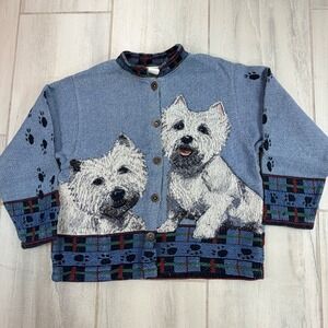 Sugar Street Weavers Westie Dog Tapestry Cardigan Blue Plaid Cotton Large USA